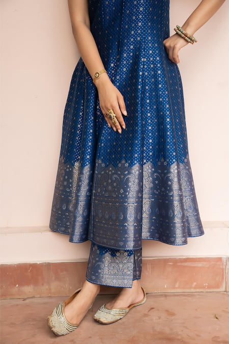 Shop_Safaa_Blue Vegan Silk Zari, Gota Patti Scoop Neck Saaz E Sitam Anarkali Set _Online_at_Aza_Fashions