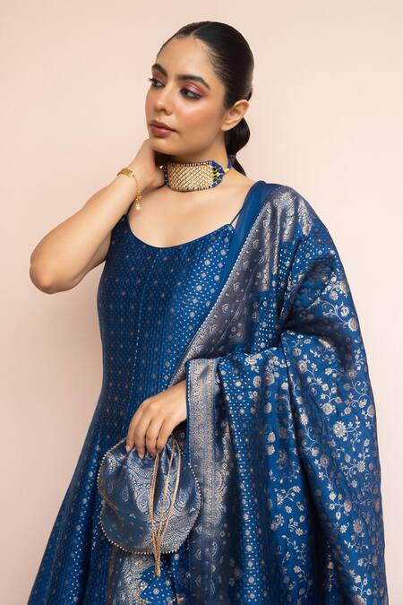 Safaa_Blue Vegan Silk Zari, Gota Patti Scoop Neck Saaz E Sitam Anarkali Set _at_Aza_Fashions