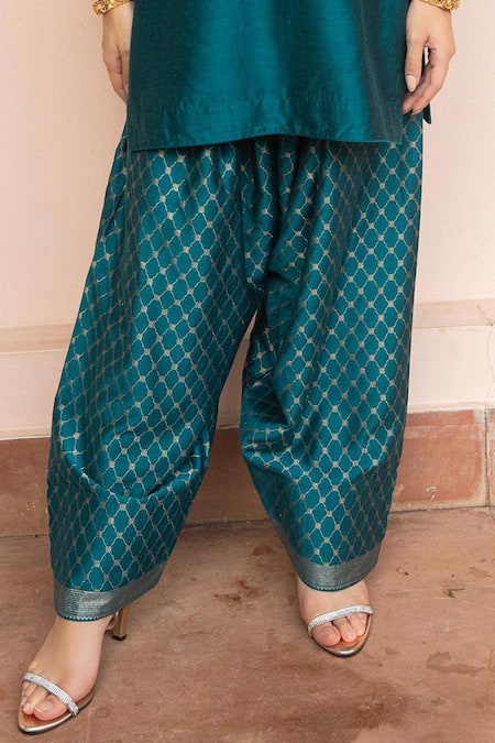 Shop Safaa Teal Vegan Silk Zari, Embroidery Split V-neck Khaas Lamhe Kurta Salwar Set Online at Aza Fashions Shop_Safaa_Teal Vegan Silk Zari, Embroidery Split V-neck Khaas Lamhe Kurta Salwar Set _Online_at_Aza_Fashions