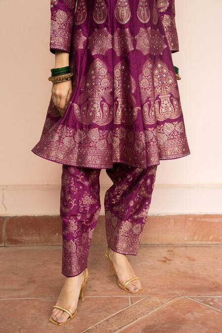 Shop_Safaa_Magenta Vegan Silk Zari, Embroidery Split Ke Anarkali Salwar Set _Online_at_Aza_Fashions