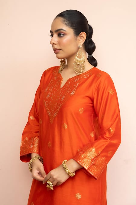 Buy_Safaa_Orange Vegan Silk Zari, Embroidery Split V-neck Mehfil E Phiran Kurta Set _Online_at_Aza_Fashions