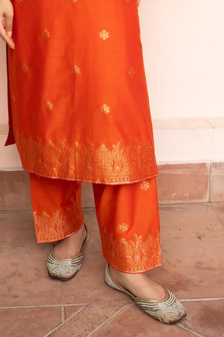 Shop_Safaa_Orange Vegan Silk Zari, Embroidery Split V-neck Mehfil E Phiran Kurta Set _Online_at_Aza_Fashions