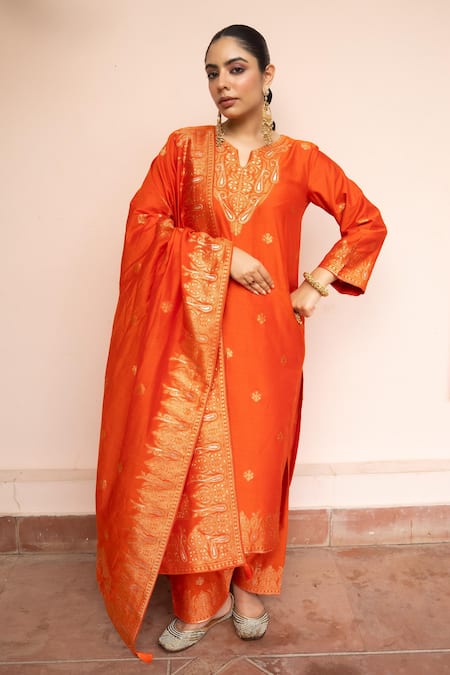 Safaa_Orange Vegan Silk Zari, Embroidery Split V-neck Mehfil E Phiran Kurta Set _at_Aza_Fashions