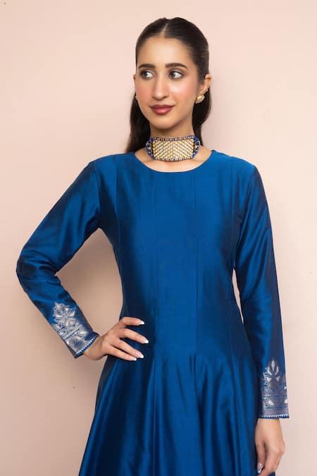 Safaa Blue Vegan Silk Zari Round Neck Purani Mehfil Anarkali Set Online at Aza Fashions Safaa_Blue Vegan Silk Zari Round Neck Purani Mehfil Anarkali Set _Online_at_Aza_Fashions