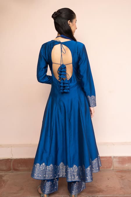 Shop Safaa Blue Vegan Silk Zari Round Neck Purani Mehfil Anarkali Set at Aza Fashions Shop_Safaa_Blue Vegan Silk Zari Round Neck Purani Mehfil Anarkali Set _at_Aza_Fashions