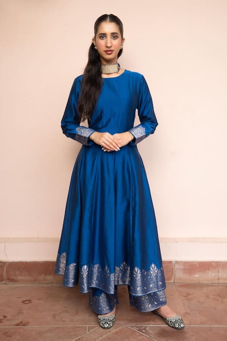 Buy Safaa Blue Vegan Silk Zari Round Neck Purani Mehfil Anarkali Set Online at Aza Fashions Buy_Safaa_Blue Vegan Silk Zari Round Neck Purani Mehfil Anarkali Set _Online_at_Aza_Fashions