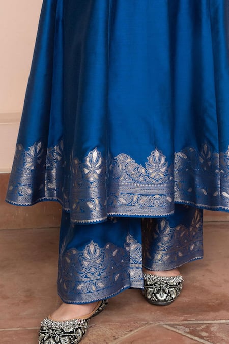 Shop Safaa Blue Vegan Silk Zari Round Neck Purani Mehfil Anarkali Set Online at Aza Fashions Shop_Safaa_Blue Vegan Silk Zari Round Neck Purani Mehfil Anarkali Set _Online_at_Aza_Fashions