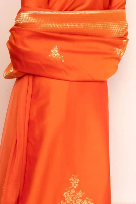 Buy_Safaa_Orange Vegan Silk Zari, Embroidery Split V-neck Hansi Kurta Pant Set _Online_at_Aza_Fashions