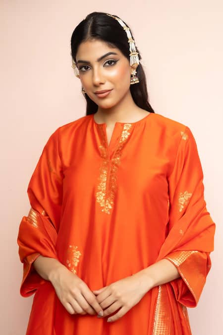 Shop_Safaa_Orange Vegan Silk Zari, Embroidery Split V-neck Hansi Kurta Pant Set _Online_at_Aza_Fashions