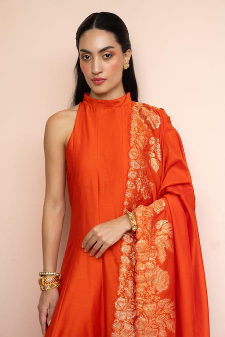 Buy_Safaa_Orange Vegan Silk Zari, Gota Patti Halter Neck Chandni Aangan Anarkali Set _Online_at_Aza_Fashions