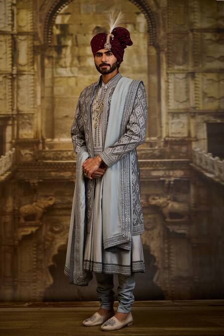 Buy_Nitika Gujral_Gray Chanderi Silk, Silk, Cotton Embroidery, Sequins, Zari And Sherwani Set _Online_at_Aza_Fashions