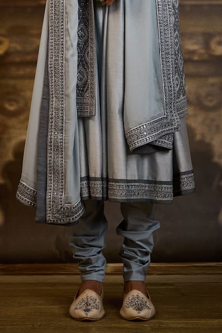 Nitika Gujral_Gray Chanderi Silk, Silk, Cotton Embroidery, Sequins And Sherwani Set _Online_at_Aza_Fashions