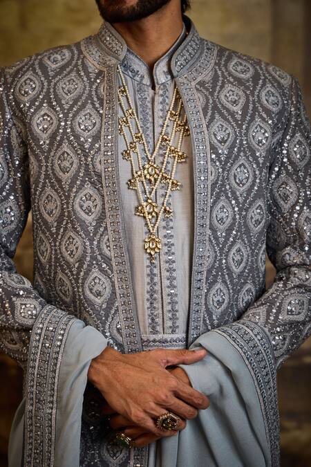 Shop_Nitika Gujral_Gray Chanderi Silk, Silk, Cotton Embroidery, Sequins And Sherwani Set _Online_at_Aza_Fashions