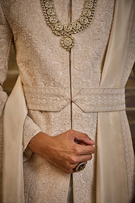 Shop_Nitika Gujral_Ivory Silk, Cotton Embroidery Raw Sherwani Set _Online_at_Aza_Fashions