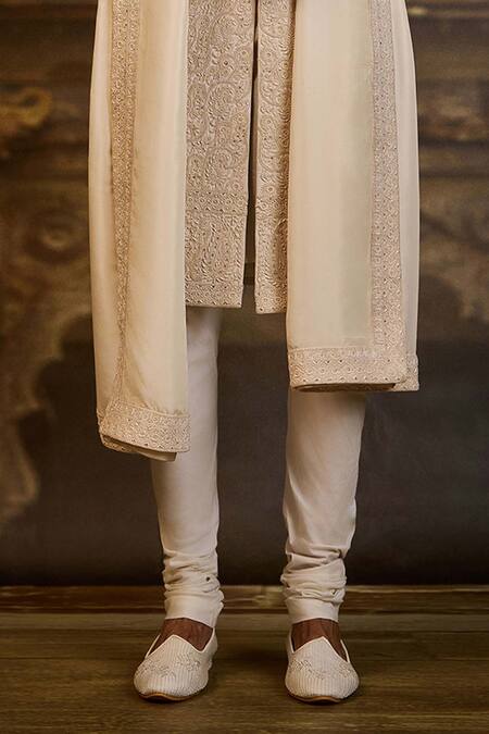 Buy_Nitika Gujral_Ivory Silk, Cotton Embroidery Raw Sherwani Set _Online_at_Aza_Fashions