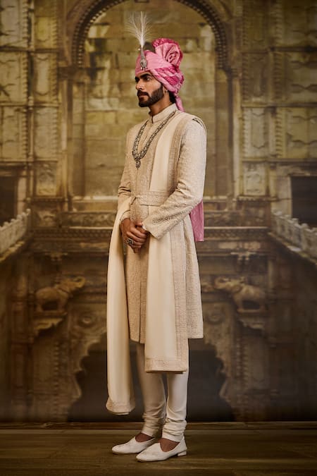 Shop_Nitika Gujral_Ivory Silk, Cotton Embroidery Raw Sherwani Set _Online_at_Aza_Fashions