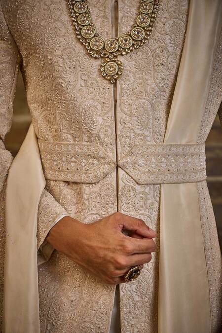 Nitika Gujral_Ivory Silk, Cotton Embroidery Raw Sherwani Set _at_Aza_Fashions