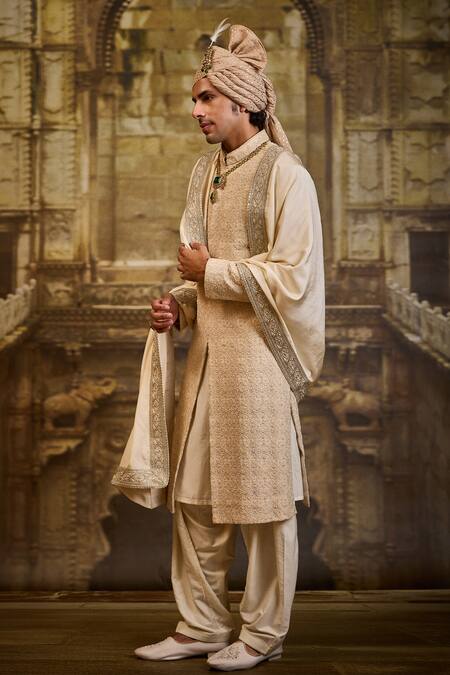 Buy_Nitika Gujral_Beige Cotton, Silk Embroidery Raw Sherwani And Kurta Set _Online_at_Aza_Fashions