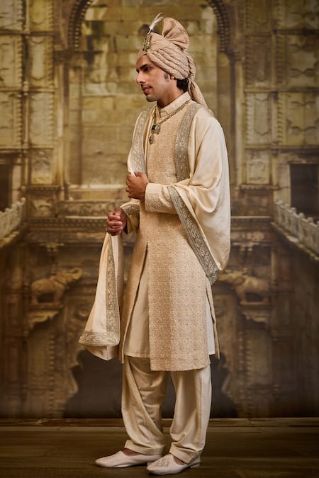 Buy_Nitika Gujral_Beige Cotton, Silk Embroidery Raw Sherwani And Kurta Set _Online_at_Aza_Fashions