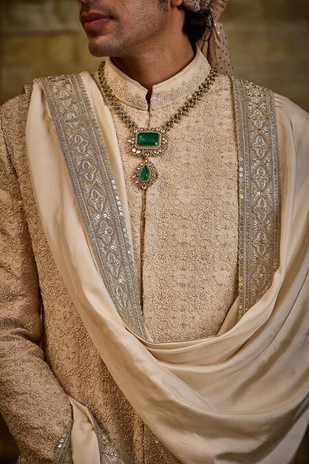 Shop_Nitika Gujral_Beige Cotton, Silk Embroidery Raw Sherwani And Kurta Set _Online_at_Aza_Fashions