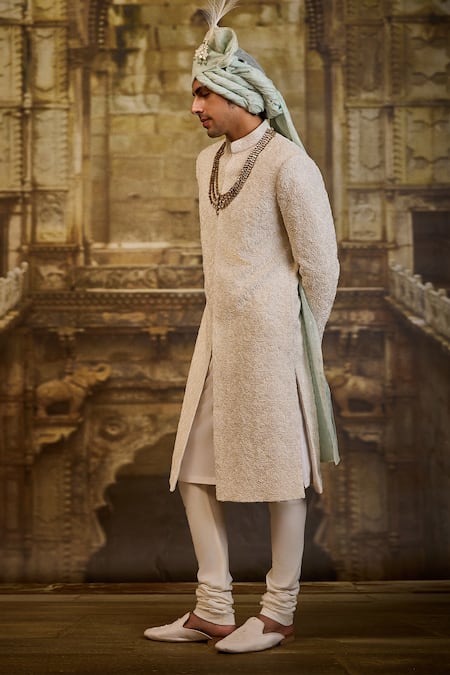 Buy_Nitika Gujral_Ivory Silk, Cotton Embroidery Raw Sherwani With Churidar _Online_at_Aza_Fashions