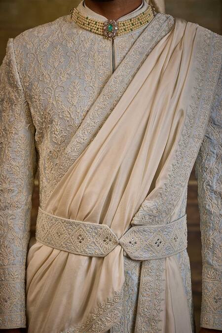 Buy_Nitika Gujral_Sky Blue Silk Embroidery Raw Sherwani Set _Online_at_Aza_Fashions