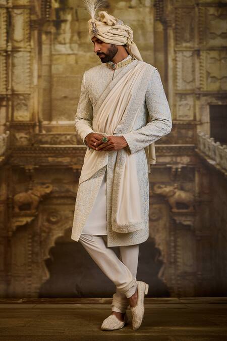 Shop_Nitika Gujral_Sky Blue Silk Embroidery Raw Sherwani Set _Online_at_Aza_Fashions