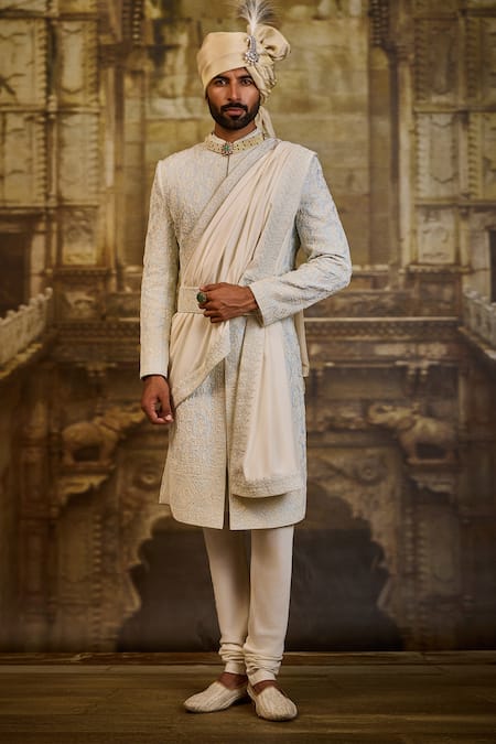 Nitika Gujral Sky Blue Silk Embroidery Raw Sherwani Set 