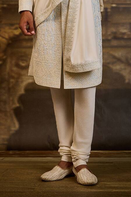 Nitika Gujral_Sky Blue Silk, Cotton Embroidery, Mirrors Raw Sherwani Set _Online_at_Aza_Fashions