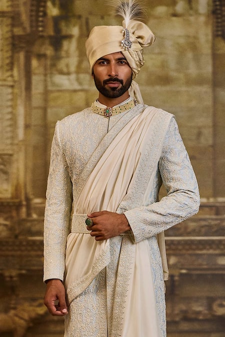 Buy_Nitika Gujral_Sky Blue Silk, Cotton Embroidery, Mirrors Raw Sherwani Set _Online_at_Aza_Fashions