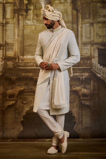 Nitika Gujral Sky Blue Silk, Cotton Embroidery, Mirrors Raw Sherwani Set 