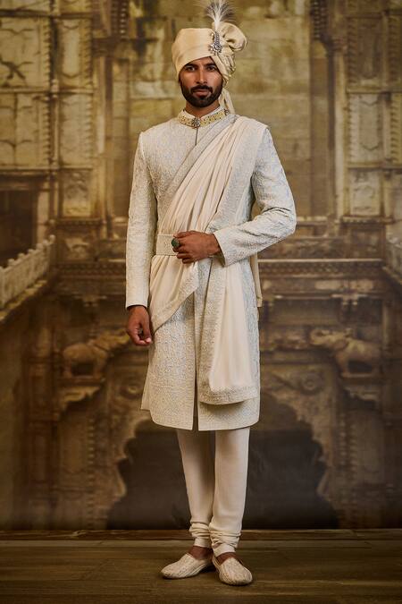 Shop_Nitika Gujral_Sky Blue Silk, Cotton Embroidery, Mirrors Raw Sherwani Set _Online_at_Aza_Fashions