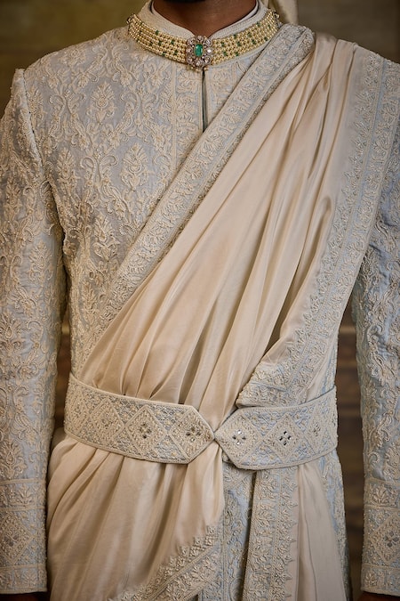 Nitika Gujral_Sky Blue Silk, Cotton Embroidery, Mirrors Raw Sherwani Set _at_Aza_Fashions