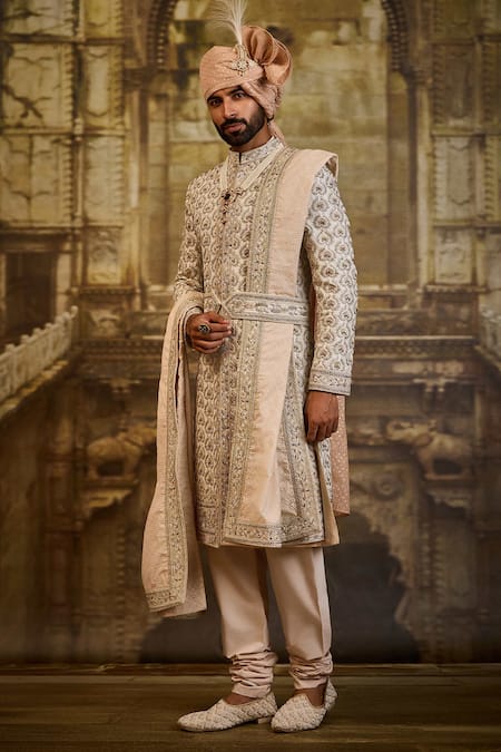 Nitika Gujral_Ivory Taffeta, Silk, Cotton Embroidery, Zari Sherwani Set _at_Aza_Fashions