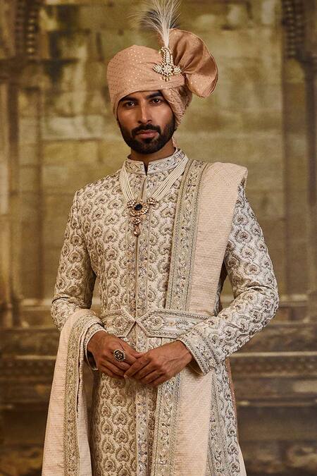 Shop_Nitika Gujral_Ivory Taffeta, Silk, Cotton Embroidery, Zari Sherwani Set _Online_at_Aza_Fashions