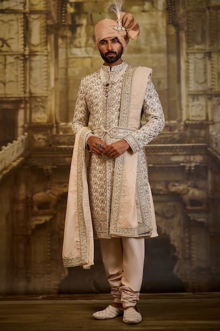Nitika Gujral Ivory Taffeta, Silk, Cotton Embroidery, Zari Sherwani Set 