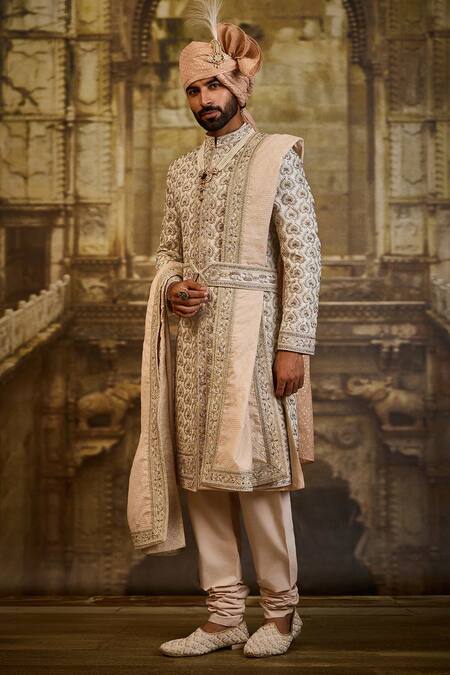 Nitika Gujral_Ivory Taffeta, Silk, Cotton Embroidery, Zari Sherwani Set _at_Aza_Fashions