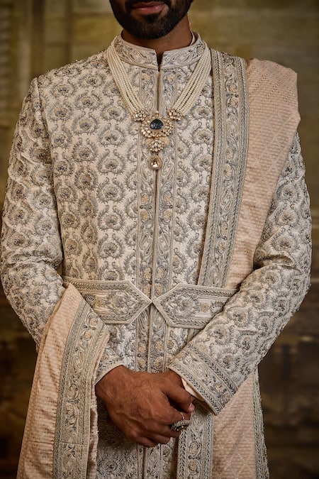 Buy_Nitika Gujral_Ivory Taffeta, Silk, Cotton Embroidery, Zari Sherwani Set 