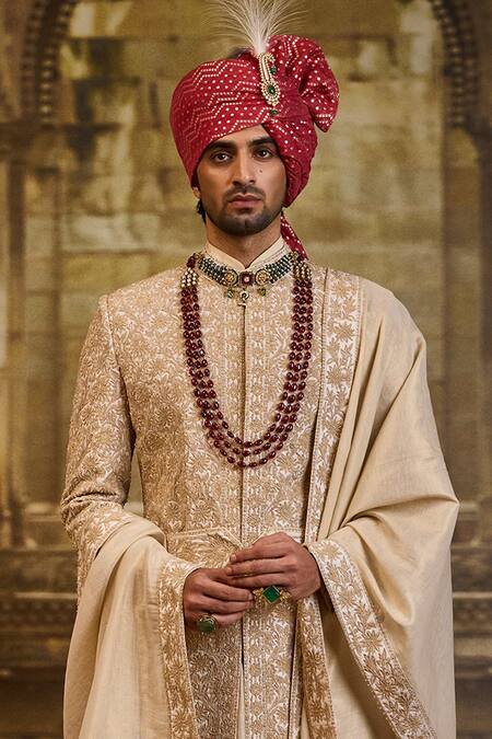 Nitika Gujral_Ivory Taffeta, Cotton, Silk Embroidery Sherwani Set _at_Aza_Fashions