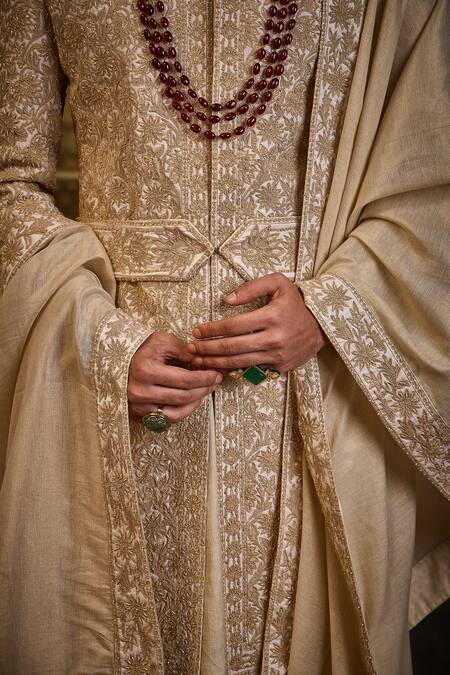 Buy_Nitika Gujral_Ivory Taffeta, Cotton, Silk Embroidery Sherwani Set 