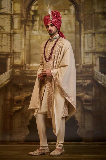 Buy_Nitika Gujral_Ivory Taffeta, Cotton Embroidery Floral Sherwani Set _Online_at_Aza_Fashions