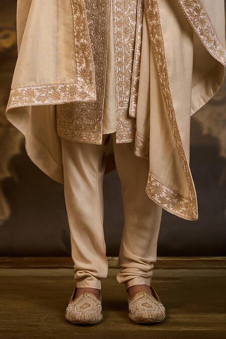 Shop_Nitika Gujral_Ivory Taffeta, Cotton Embroidery Floral Sherwani Set _Online_at_Aza_Fashions