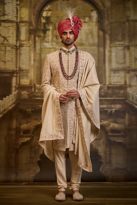 Nitika Gujral Ivory Taffeta, Cotton Embroidery Floral Sherwani Set 
