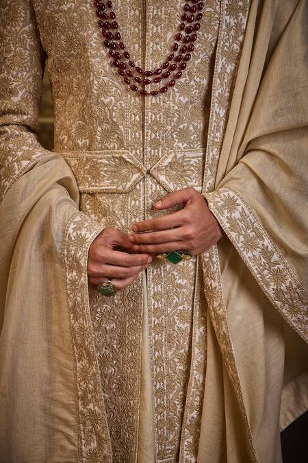 Nitika Gujral_Ivory Taffeta, Cotton Embroidery Floral Sherwani Set _at_Aza_Fashions