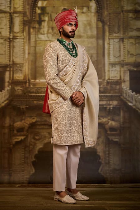 Buy_Nitika Gujral_Beige Silk, Cotton Embroidery Floral Sherwani Set _Online_at_Aza_Fashions