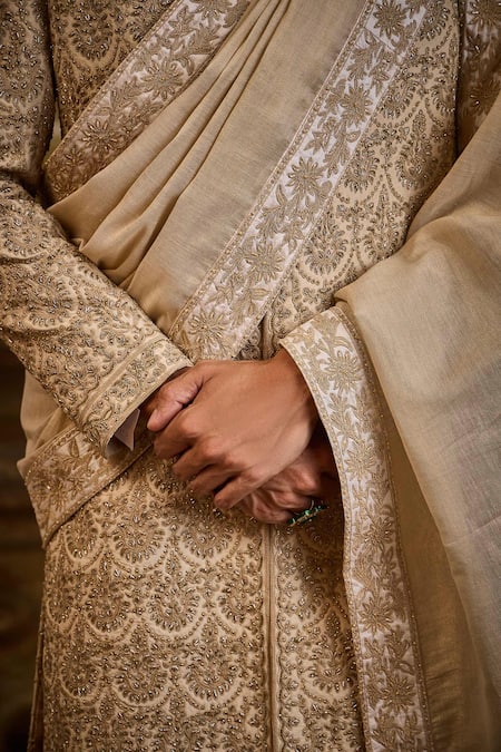 Nitika Gujral_Beige Silk, Cotton Embroidery Floral Sherwani Set _at_Aza_Fashions