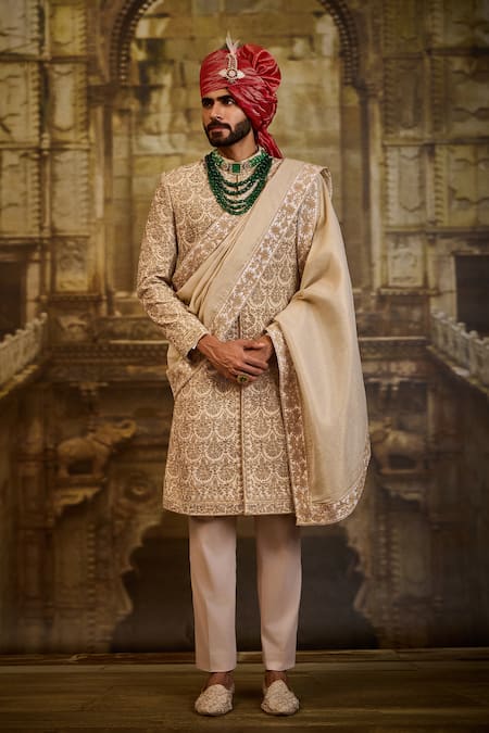 Nitika Gujral Beige Silk, Cotton Embroidery Floral Sherwani Set 