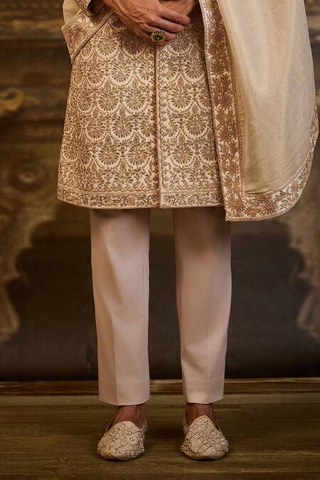 Shop_Nitika Gujral_Blush Silk, Cotton Embroidery, Zari Floral Sherwani Set _Online_at_Aza_Fashions