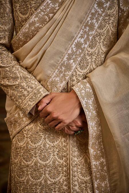 Nitika Gujral_Blush Silk, Cotton Embroidery, Zari Floral Sherwani Set _at_Aza_Fashions