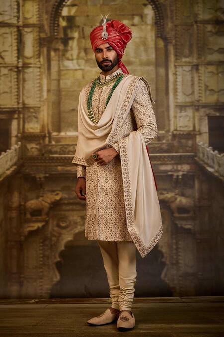 Buy_Nitika Gujral_Beige Silk, Cotton Embroidery Floral Sherwani Set _Online_at_Aza_Fashions
